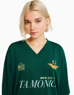 BERSHKA Camiseta manga corta cuello polo fútbol Verde Flash Sale