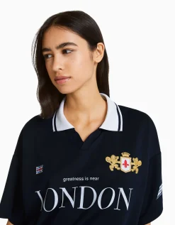 BERSHKA Camiseta manga corta cuello polo fútbol Marino Store