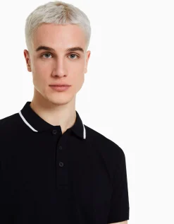 BERSHKA Camiseta manga corta cuello polo bandas Blanco Sale