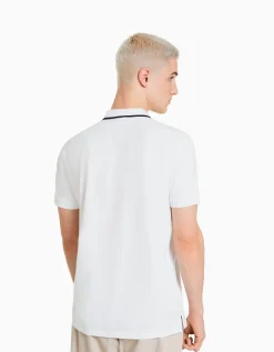 BERSHKA Camiseta manga corta cuello polo bandas Blanco Flash Sale