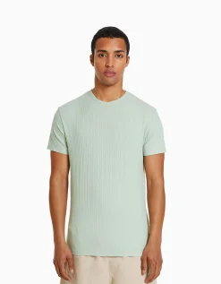 BERSHKA Camiseta manga corta muscle fit canalé Verde Cheap