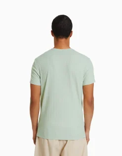 BERSHKA Camiseta manga corta muscle fit canalé Verde Cheap