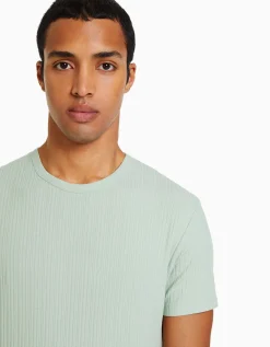 BERSHKA Camiseta manga corta muscle fit canalé Verde Cheap