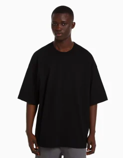 BERSHKA Camiseta manga corta oversize Negro Fashion