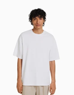 BERSHKA Camiseta manga corta oversize print Blanco Store