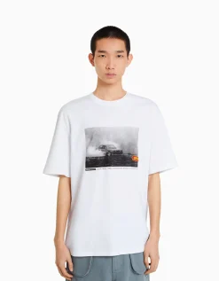 BERSHKA Camiseta manga corta oversize print racing Blanco Sale