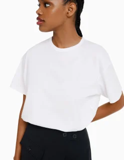BERSHKA Camiseta manga corta oversize Blanco Outlet