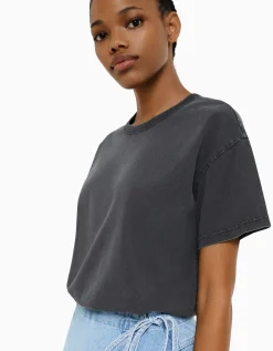 BERSHKA Camiseta manga corta oversize Negro Clearance