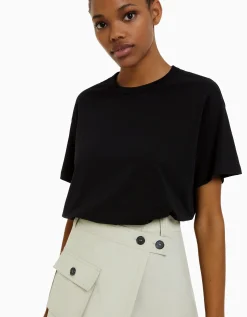 BERSHKA Camiseta manga corta oversize Negro Clearance