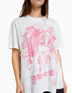 BERSHKA Camiseta manga corta print Blanco roto Clearance