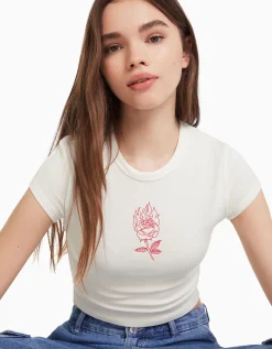 BERSHKA Camiseta manga corta print Negro New