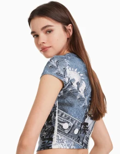 BERSHKA Camiseta manga corta print Negro Online