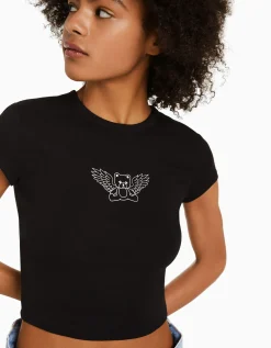 BERSHKA Camiseta manga corta print Negro Store