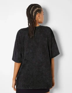 BERSHKA Camiseta manga corta print Negro New