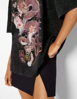 BERSHKA Camiseta manga corta print Negro New