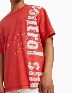 BERSHKA Camiseta manga corta print efecto lavado Rojo Flash Sale
