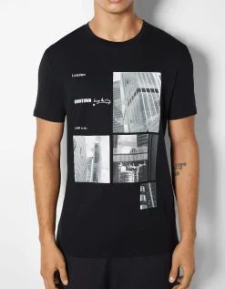 BERSHKA Camiseta manga corta print fotográfico Blanco roto Discount
