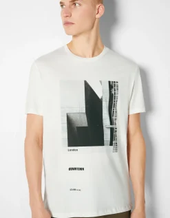 BERSHKA Camiseta manga corta print fotográfico Blanco roto Clearance