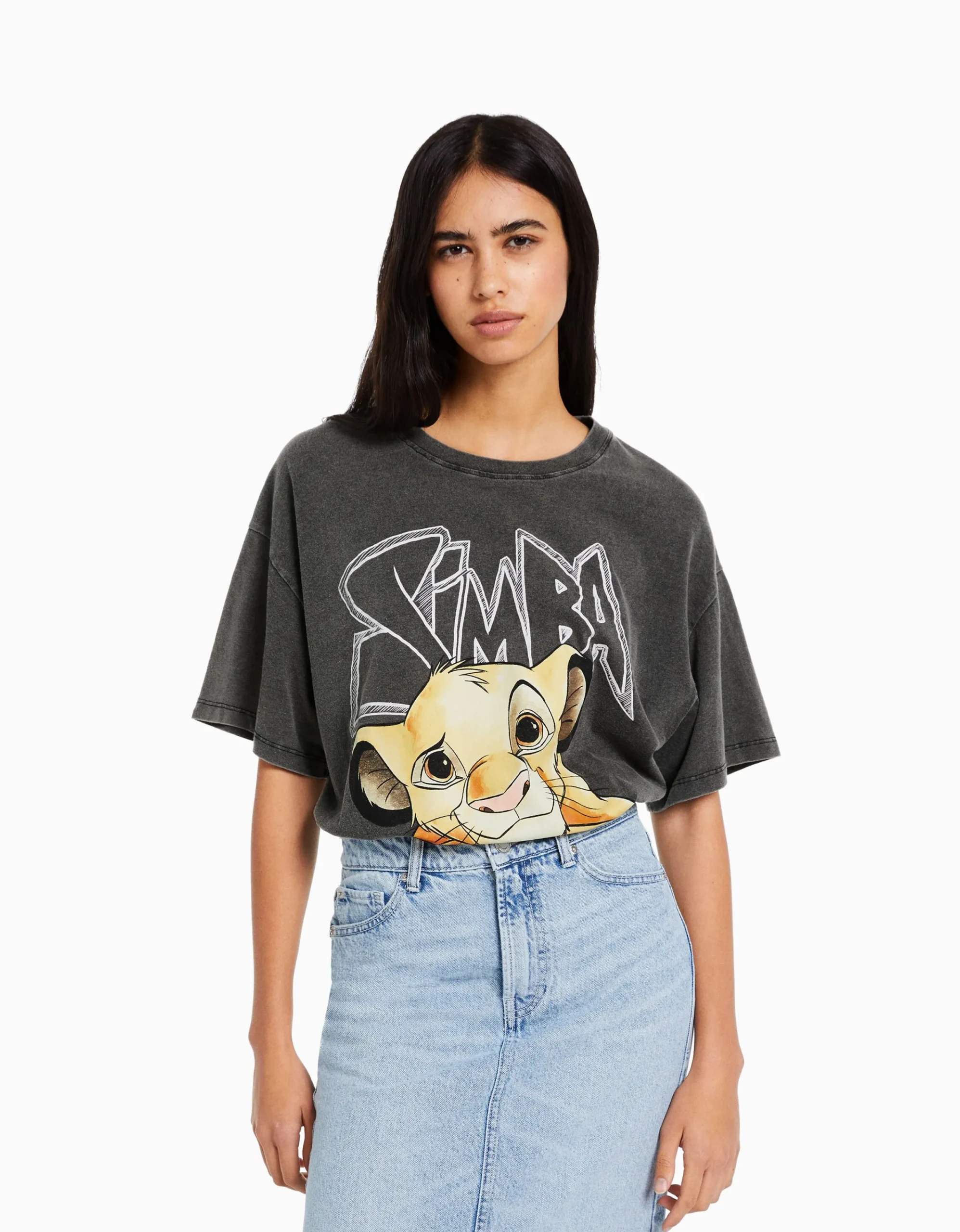 BERSHKA Camiseta manga corta print Simba Negro Flash Sale