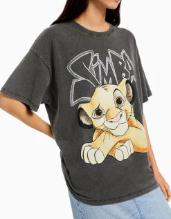 BERSHKA Camiseta manga corta print Simba Negro Flash Sale