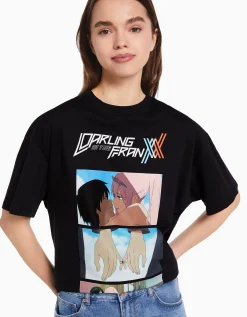 BERSHKA Camiseta manga corta print Darling in the Franxx Negro Clearance