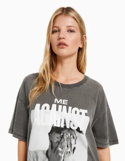 BERSHKA Camiseta manga corta print Tupac Negro New