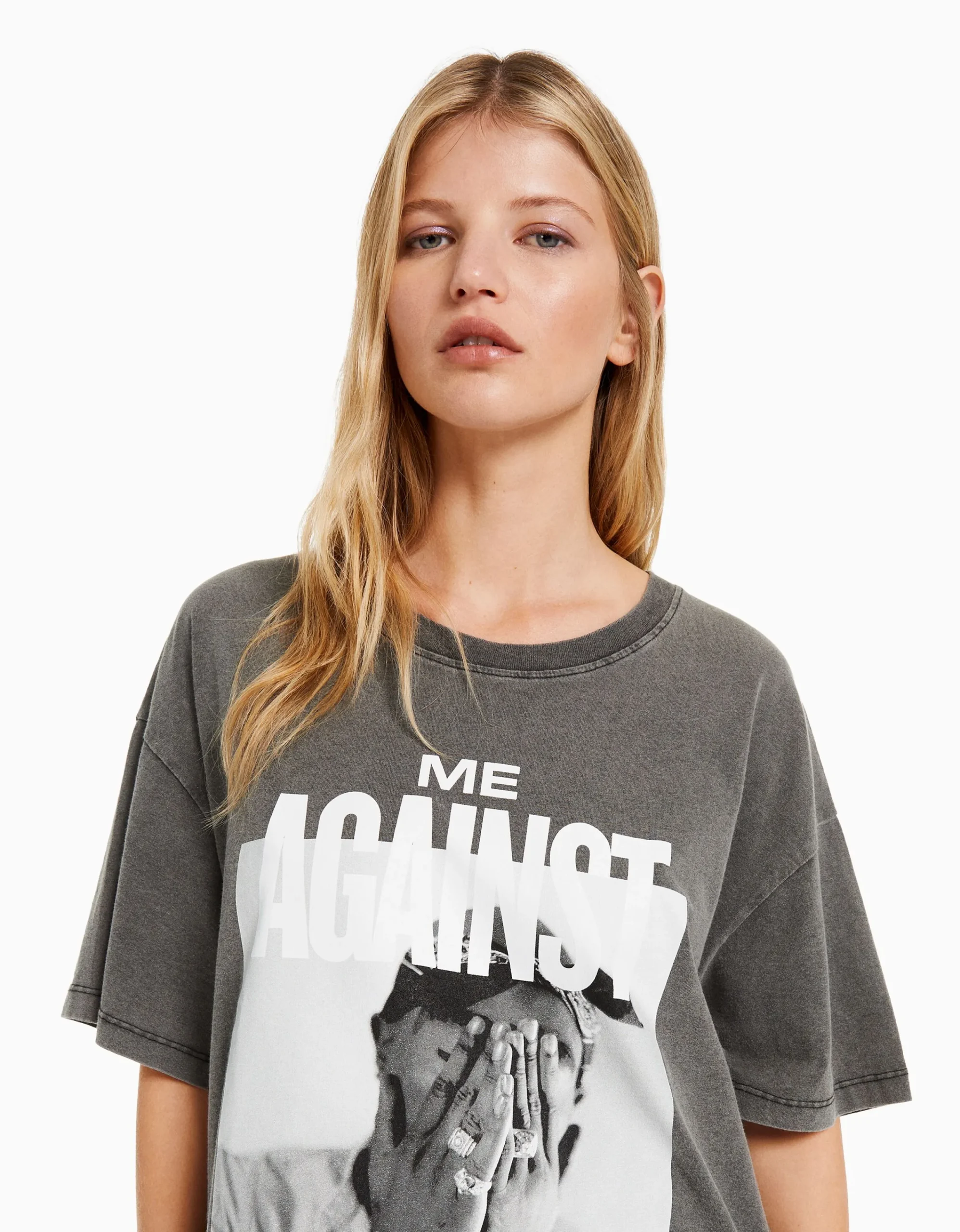 BERSHKA Camiseta manga corta print Tupac Negro New