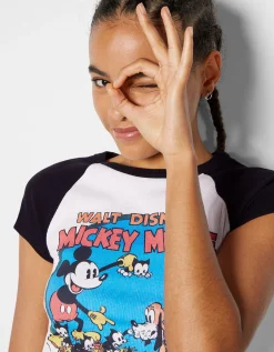 BERSHKA Camiseta manga corta print Mickey Blanco roto New