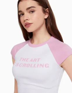 BERSHKA Camiseta manga corta ranglan print Blanco Flash Sale