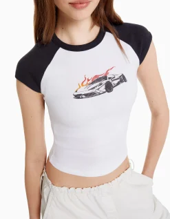 BERSHKA Camiseta manga corta ranglan print Blanco Cheap