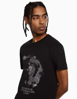 BERSHKA Camiseta manga corta regular fit print Blanco Cheap