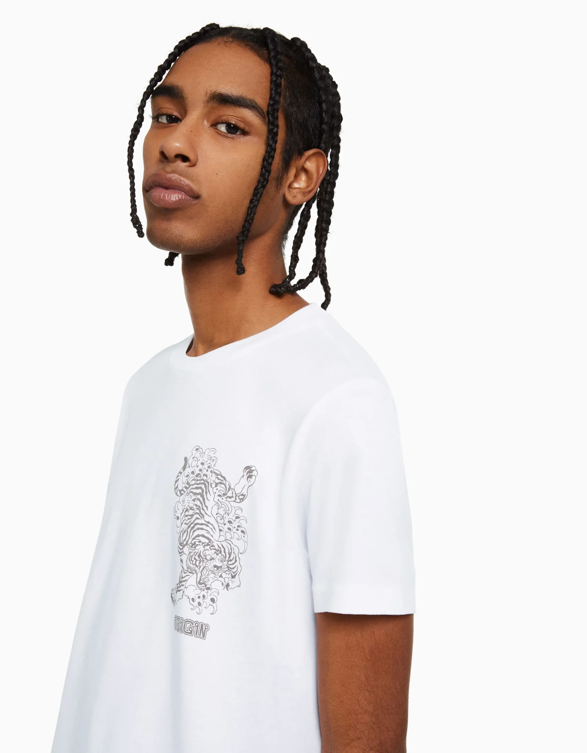 BERSHKA Camiseta manga corta regular fit print Blanco Fashion