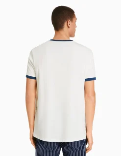 BERSHKA Camiseta manga corta regular fit rib contraste Blanco roto New