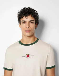 BERSHKA Camiseta manga corta regular fit print Blanco / Negro Best