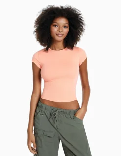 BERSHKA Camiseta manga corta rib Naranja Cheap