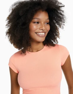 BERSHKA Camiseta manga corta rib Naranja Cheap