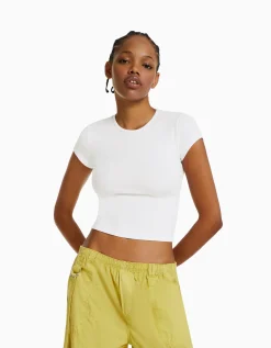 BERSHKA Camiseta manga corta rib Blanco roto Sale