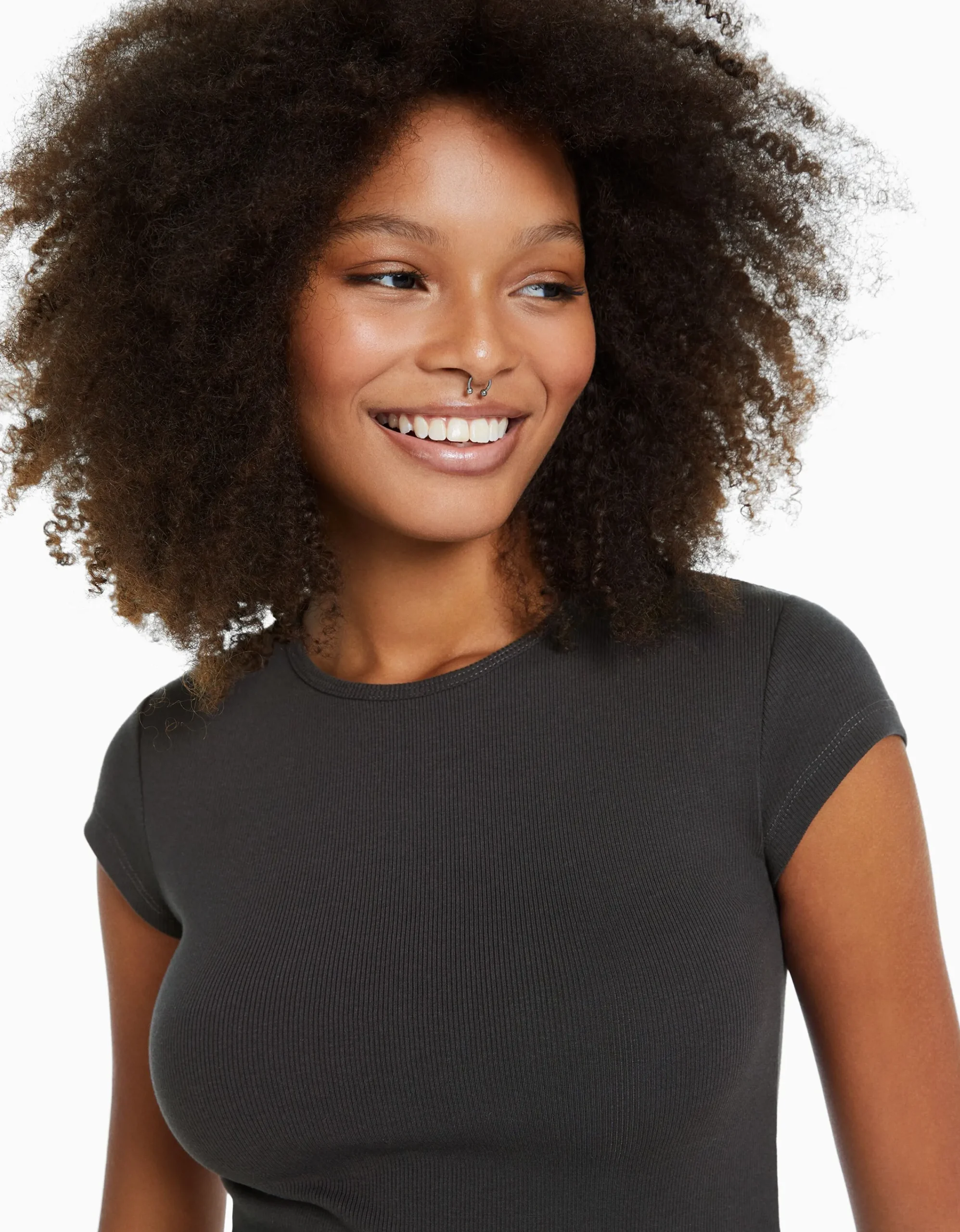 BERSHKA Camiseta manga corta rib Gris Shop