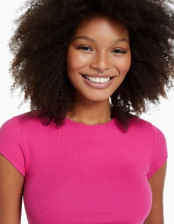 BERSHKA Camiseta manga corta rib Fucsia Online