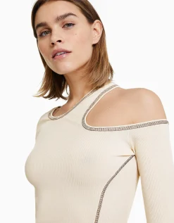 BERSHKA Camiseta manga larga ajustada hilo contraste Crudo Flash Sale