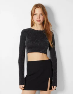 BERSHKA Camiseta manga larga ajustada Negro Fashion