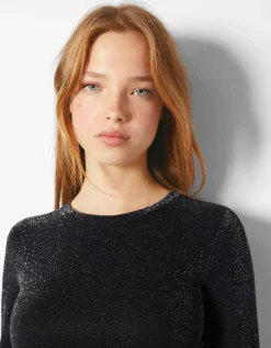 BERSHKA Camiseta manga larga ajustada Negro Fashion