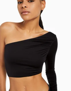 BERSHKA Camiseta manga larga asimétrica Negro New