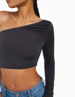 BERSHKA Camiseta manga larga asimétrica Negro Sale