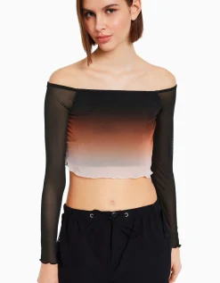 BERSHKA Camiseta manga larga bardot tul Rosa Fashion