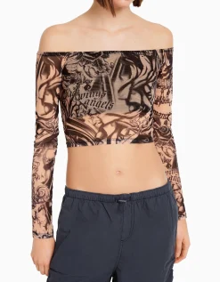 BERSHKA Camiseta manga larga bardot tul Rosa Online