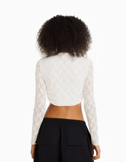 BERSHKA Camiseta manga larga blonda escote cruzado Crudo Cheap