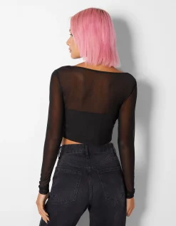 BERSHKA Camiseta manga larga corsé tul Negro Clearance