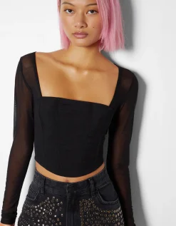 BERSHKA Camiseta manga larga corsé tul Negro Clearance