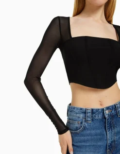 BERSHKA Camiseta manga larga corsé tul Negro Discount